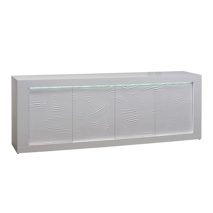 DAYTON WHITE - Buffet 4 Portes Laqué Blanc à Relief et Leds