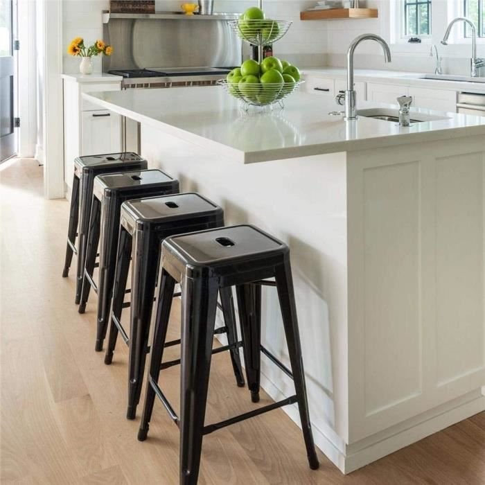 Lot de 4 Tabourets de Bar Industriels - Noir - 30x30x76cm - Capacité max. 150kg