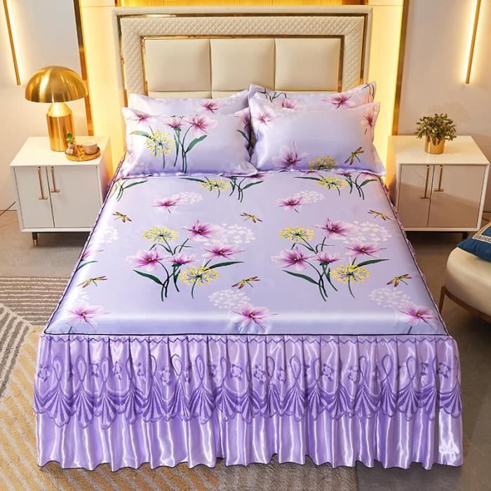 Protege matelas Ensemble de jupe de lit glace imprime fleur couvre lit avec taie d oreiller pour lit King Tape 12 150x200cm 3pcs Cdiscount Maison