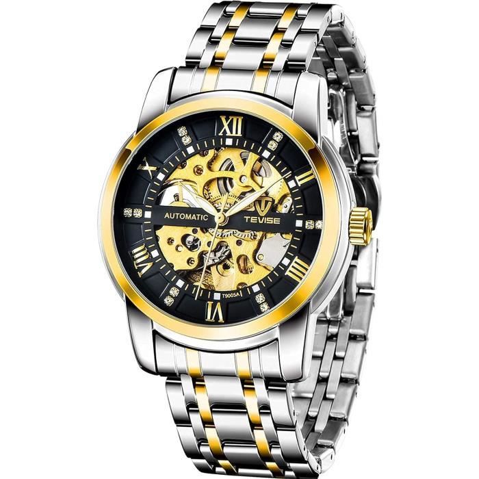 Montre Squelette Automatique Homme - Boîtier Argenté, Bracelet Doré Cuir - Neuf Sans étiquette