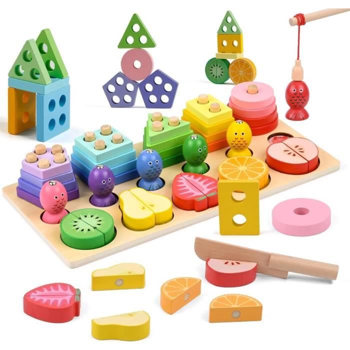 Jeu éducatif pour enfants à partir de 3 ans - Tour Wobble 4 en 1 en bois avec couleurs et animaux ONE SIZE