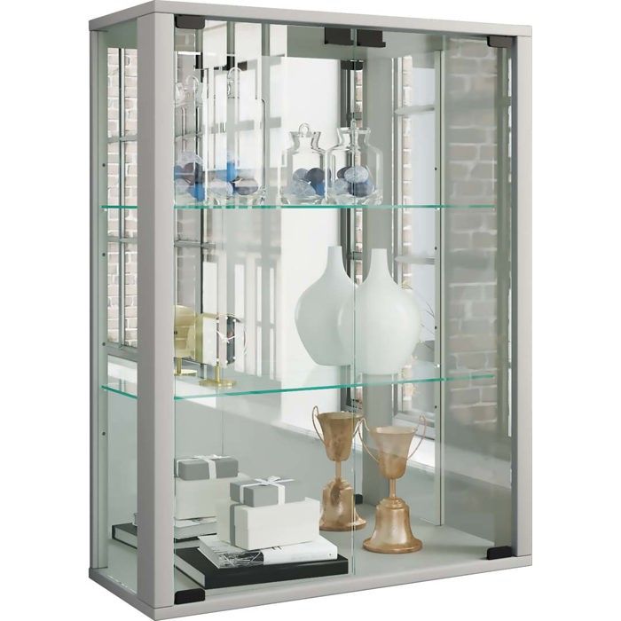 Udina vitrine accroché au mur avec miroir 2 portes en verre Incl. lumières LED couleur argent.