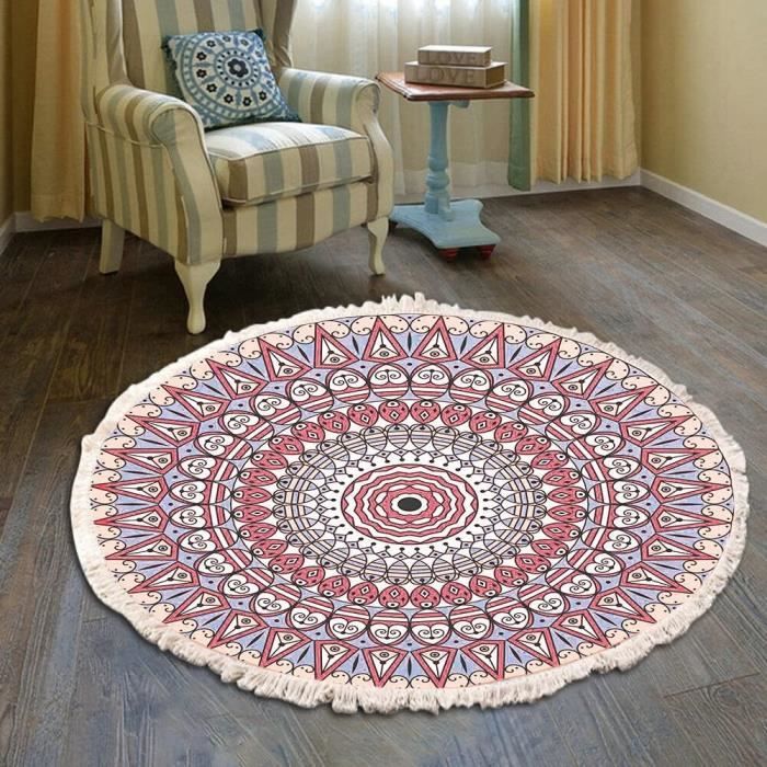 Tapis Rond Mandala Tissé Main – 80 Cm – Motif Fleurs #5 – Coton/polyester Avec Glands – Lavable Machine