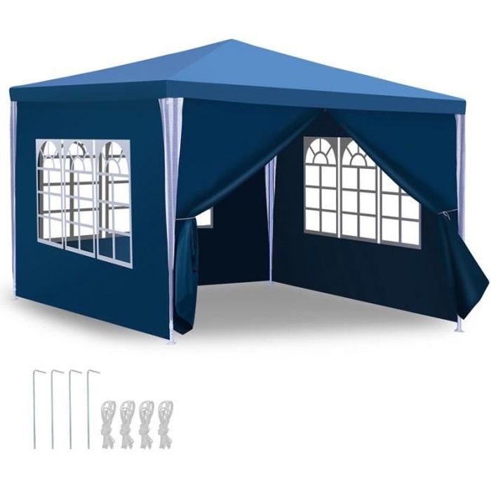 Faziango Tonnelle de jardin réception avec parois latérales fenêtres Fête Camping portable Bleue 3x3m TENTE DE DOUCHE