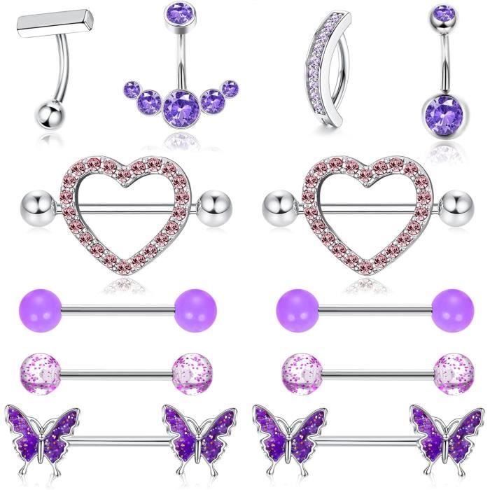 Lot De 6 Paires De Piercings Téton Pour Femme - Acier Chirurgical 316L - Cœur Avec Cz Bleu - Neuf