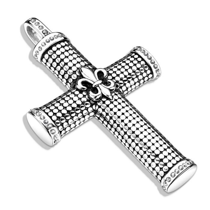 Pendentif - Acier inoxydable - Grande croix fleur de lys - Argenté - Mixte - Adulte