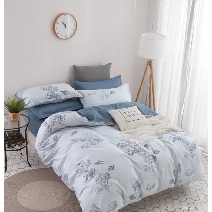 Parure De Lit 3 Pièces 100% Coton Percale - Housse De Couette 240x220 Cm + 2 Taies 65x65 Cm - Imprimé Double Face - Vert - 7