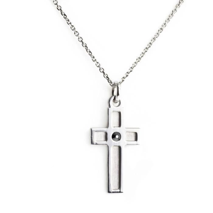 Collier homme Argent rhodié croix Rock et oxydes de zirconium