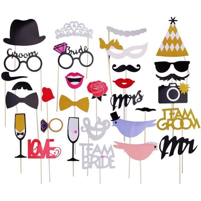 32Pcs SELFIE Photo Booth Props Anniversaire Mariage Fiançailles moustache lunettes bricolage