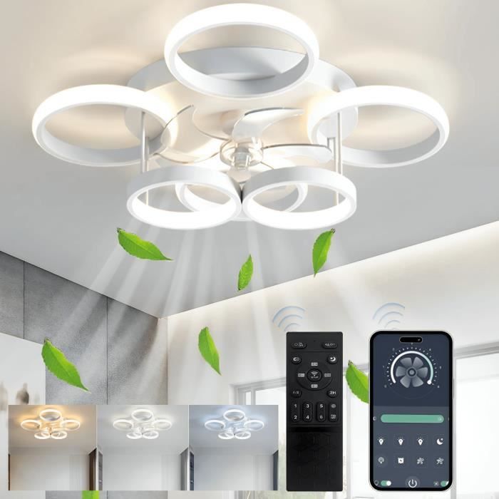 Ventilateur Plafond Dimmable Silencieux 30W - Design 6 Anneaux LED, Télécommande + APP, 6 Vitesses Réversibles, Minuterie, Blanc Moderne