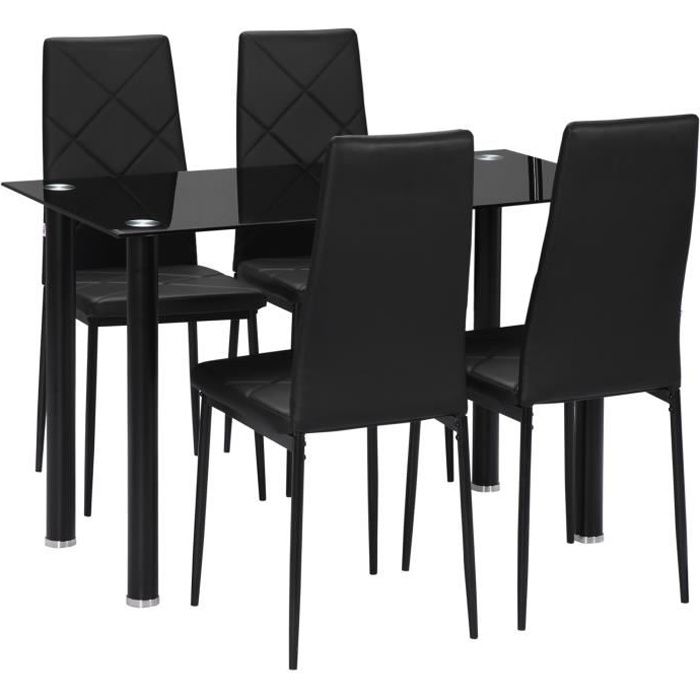 Table de salle à manger avec 4 chaises design contemporain Chesterfield acier plateau verre trempé PVC effet capitonné noir
