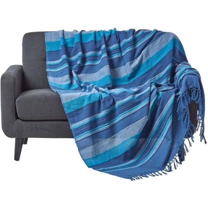 Jeté de lit ou de canapé à rayures Morocco Bleu 255 x 360 cm