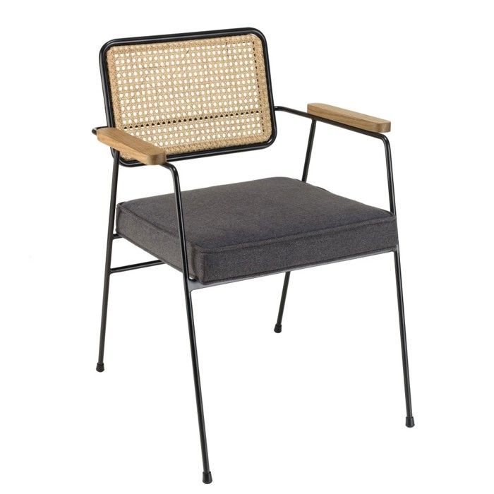 MACABANE AGATHE - Fauteuil métal noir dossier rotin et assise tissu gris MACABANE AGATHE - Fauteuil métal noir dossier rotin et assise tissu gris