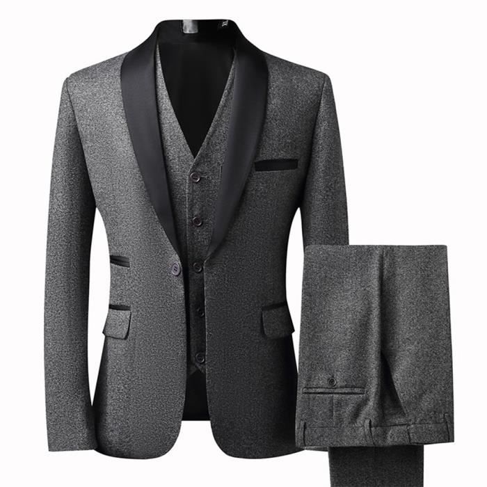 Veste+Gilet+Pantalon)Ensemble de Costume Homme Revers en Pointe