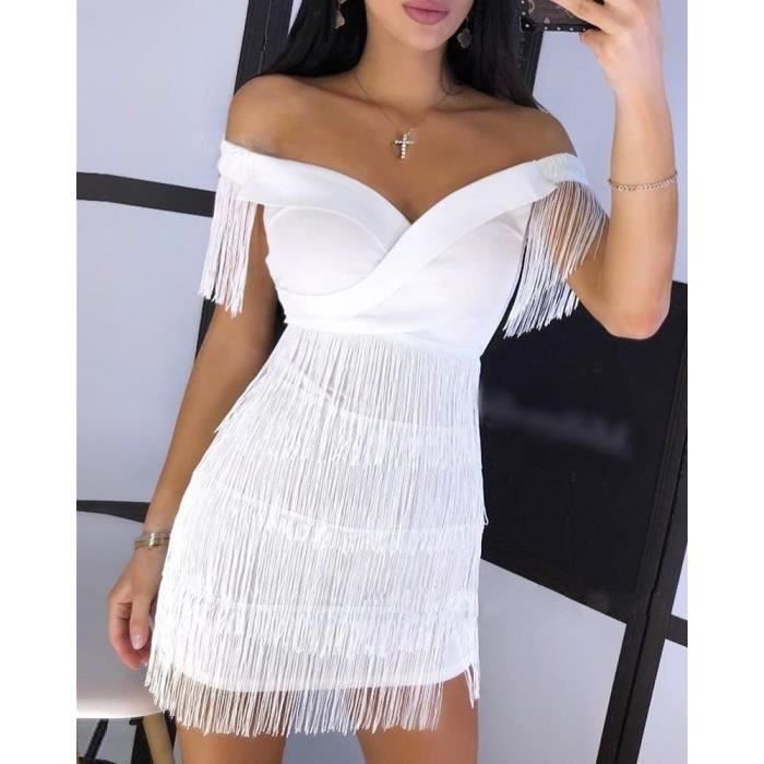 Robe,Robe de Soir?�e ?� Franges Blanche pour Femme Tenue Sexy ?� Manches Courtes - WHITE Blanc 