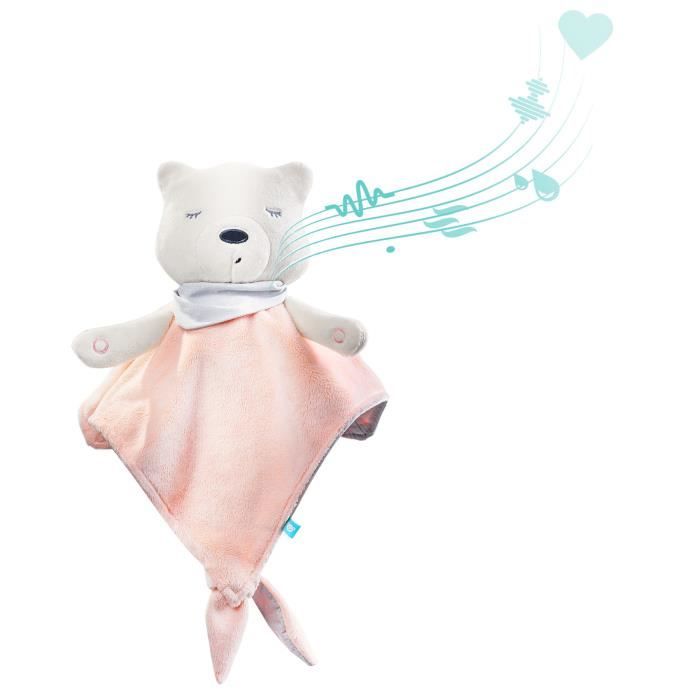 Doudou aide au sommeil myHummy rose blanc | Peluche avec bruits blancs berceuses musique classique | Attache-tétine | Premium plus