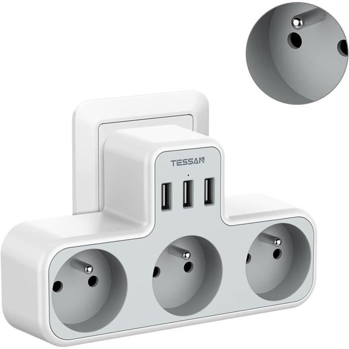TESSAN Prise Electrique - 4 prises 16A et 3 Ports USB  (3A),Parafoudre,Interrupteur-Gris - Cdiscount Bricolage