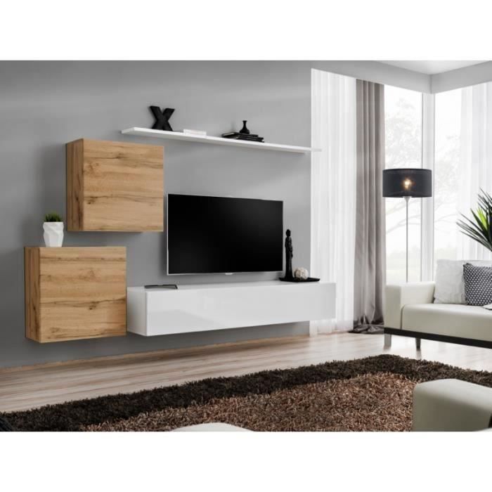 meuble tv mural - price factory - switch v - blanc - chêne wotan - 3 portes - 2 ans garantie