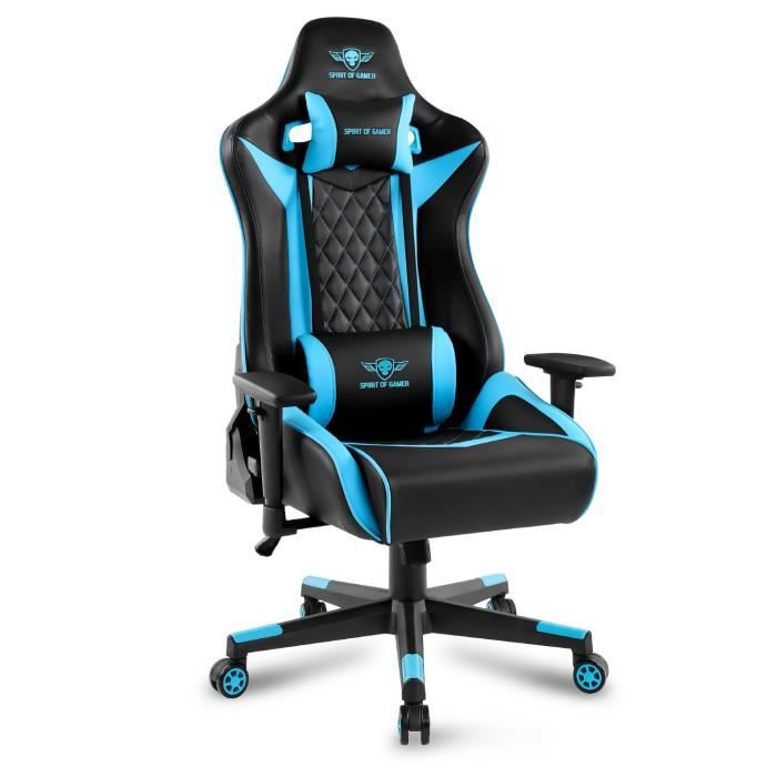 spirit of gamer – crusader bleu series – chaise gaming simili cuir capitonné haut de gamme – coussin nuque & lombaires – accoudoirs