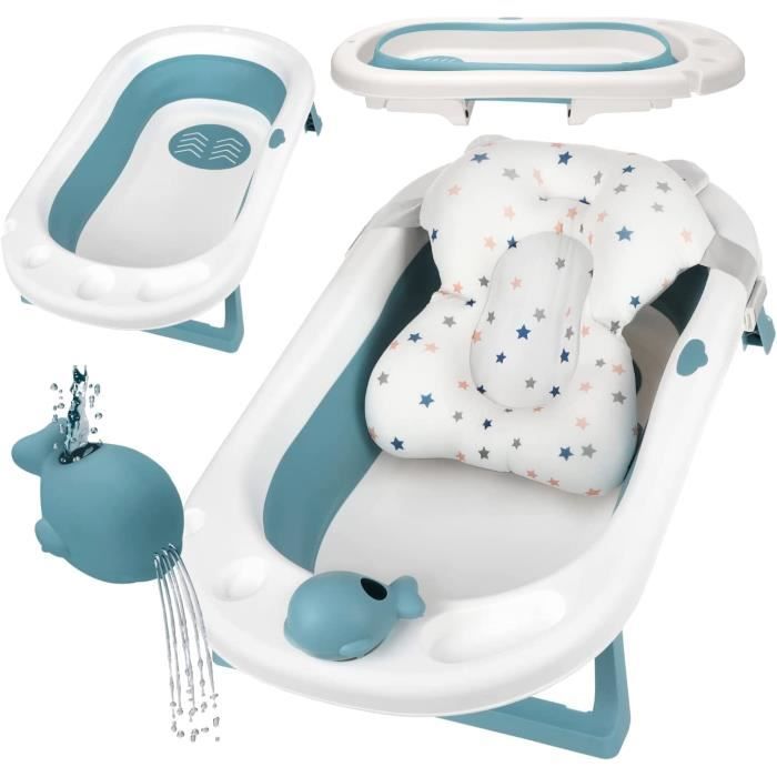 Eulenke Baignoire Bébé Pliable 0-6 Ans – 50 L, Thermomètre Intégré, Pieds Antidérapants, Filet + Louche, Vert