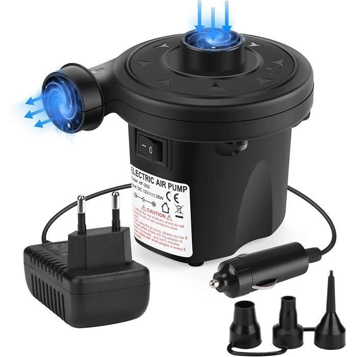Pompe électrique Rapide 3 Buses - Gonfleur/dégonfleur Pour Tapis, Piscines, Bouées - Adaptateur 12V Et 110-120V - Portable
