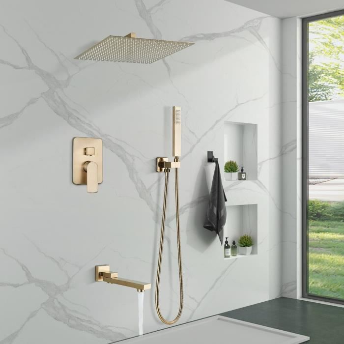 Colonne de Douche Encastrée or brossé -Tête de douche carrée lation 30cm-Ensemble Douche Encastrable -mitigeur de baignoire à casade