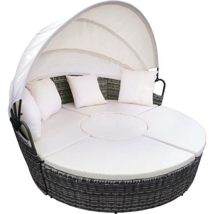 SVITA NEVADA Ile de soleil avec toit Table Lounge en polyrattan Meuble de jardin en rotin Chaise longue grise