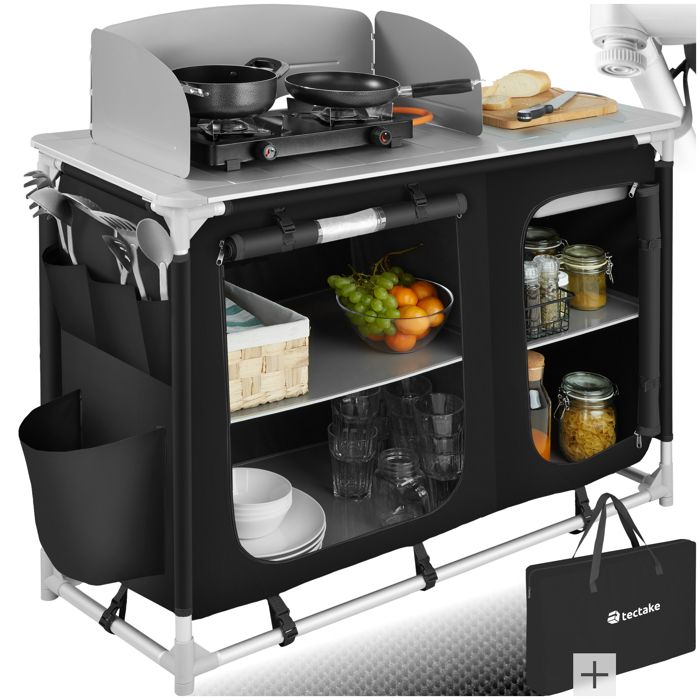 Meuble de camping - TECTAKE - Cuisine de camping pliable 4 compartiments avec sac de transport 116 x 52 x 107 cm - Noir