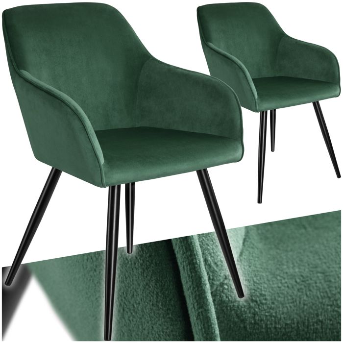 Chaise - TECTAKE - Lot 2 chaises MARILYN effet velours style scandinave rembourrée pieds acier noir 58x62x82cm - Vert foncé/Noir