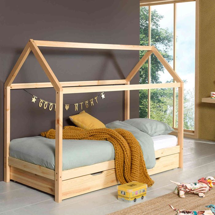 Lit cabane enfant en bois massif naturel 90x200 avec tiroir de lit - LT2024 - Bois naturel - Terre de Nuit