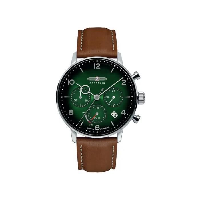 Montre Homme Zeppelin Hindenburg Chrono Solaire Bracelet Cuir Marron