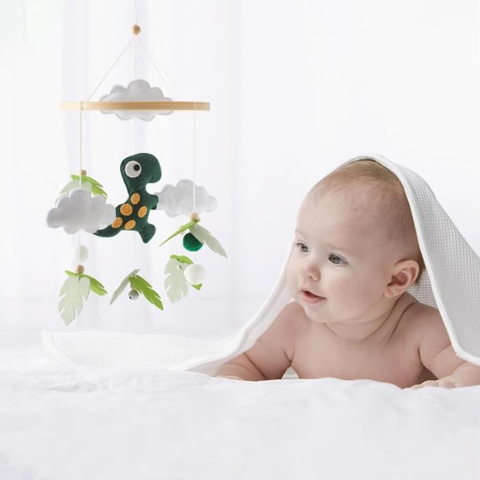Auauraintt Lit bébé Mobile, Cloche de lit Animal Dinosaure, avec décoration Suspendue Boule de Feutre, Bois Berceau Bébé Jouet, adapté à la chambre d'enfant, cadeau pour bébé fille ou garçon