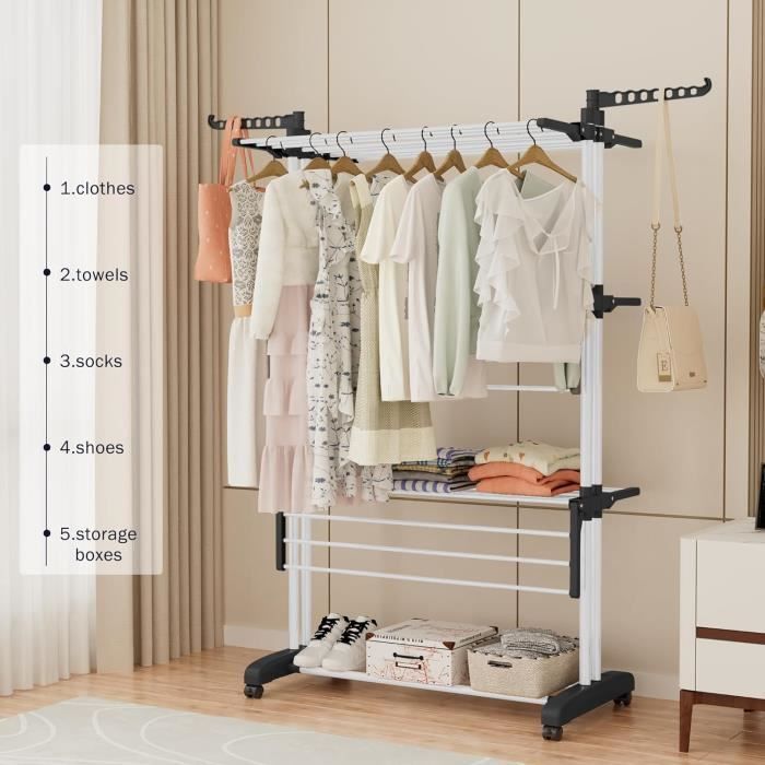 étendoir Intérieur Extérieur Pliable Étendoir à Linge 4 Niveaux Avec Roulettes - Pliable, Ailes Pivotantes - Dimensions 75 X 64 X 170 Cm étendour Balcon Pliable