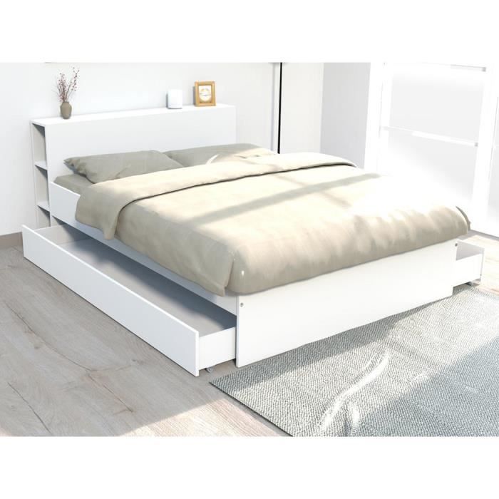 Lit avec tête de lit rangements et tiroirs 140 x 190 cm - Coloris : Blanc +  Sommier + Matelas - FLORIAN