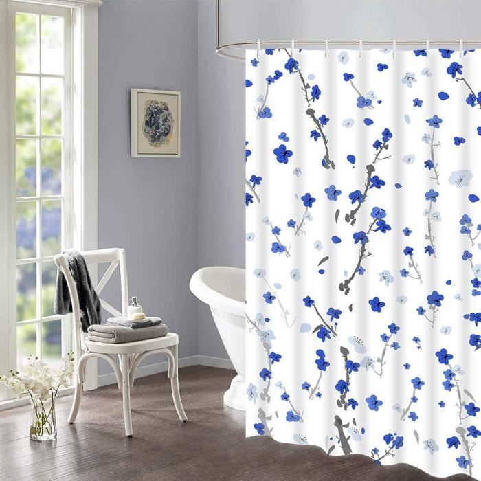 DOUCHE TAMOC Rideau de douche à fleurs bleues avec 12 crochets, fond blanc,  rideaux de douche en fleurs indigo pour salle577 - Cdiscount Maison