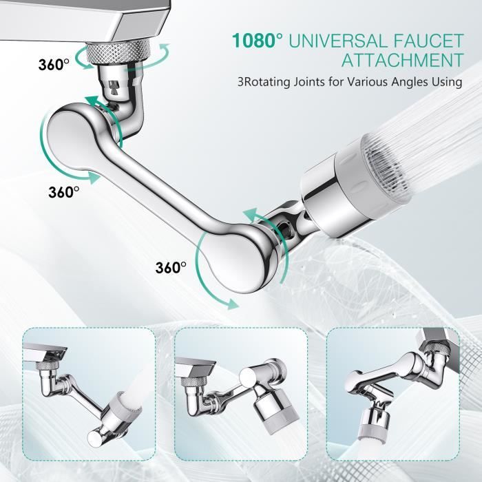 Fixation de robinet rotatif à 1080 degrés, rallonge de robinet flexible,  robinet d'extension multifonctionnel avec aérateur réglable à 2 voies,  robinet d'extension pour