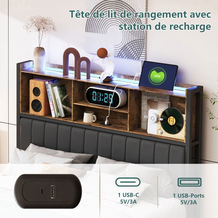 DICTAC 140x190 cm Lit Double avec LED, Cadre Capitonné avec Jambes Cachées, Plate-Forme avec Sommier à Lattes en Bois, Assemblage Facile, Noir PU Moderne