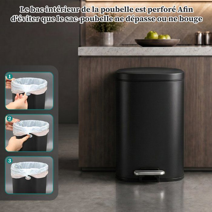 Poubelle à Pédale Cuisine 30L Noire - Acier Inoxydable, Fermeture Douce - Design Moderne