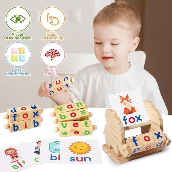 Montessori Learning and Educational Toys Gifts for Kids 3 4 5 Years Wooden Reading Blocks Toys Turning Rotating Matching Card Games Cdiscount