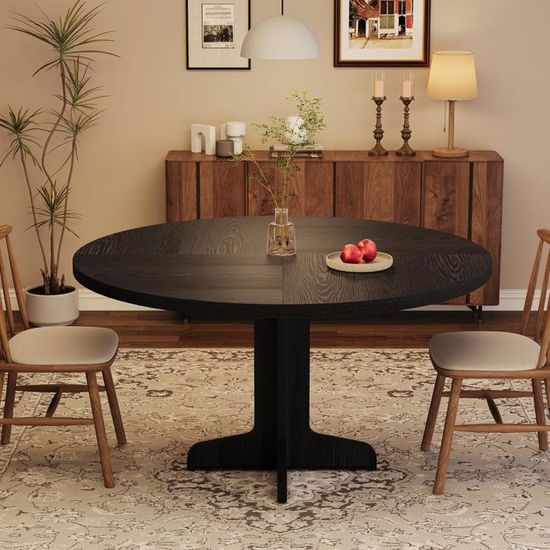 Table à Manger Ronde 120 Cm - Style Campagne Moderne, Pour 4 à 6 Personnes, Pieds Métal Et Plateau Marron