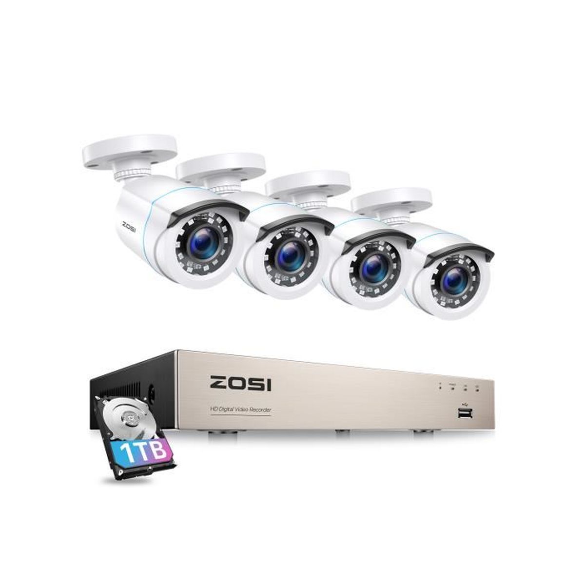 ZOSI Kit Vidéosurveillance CCTV Enregistreur Système 8CH 1080P Caméras Extérieur