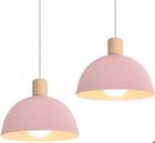 IDEGU Lot de 2 Lustre Suspension Rétro Suspension Luminaire Moderne Style Demi-Cercle Plafonnier E27 en Bois Métal Rose, Ø 20CM