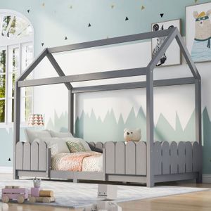 Lit Cabane Enfants 90x190 Cm Montessori - Lit De Sol Avec Protection Anti-Chute, Sommier En Bois Massif Pin Naturel
