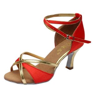 CHAUSSON DE DANSE lukcolor Sandale - Nu-Pieds Fille chaussures de danse latine Med Heels Shoes Satin Party Tango Chaussures rouge