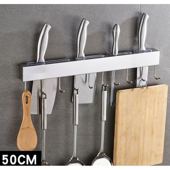 Barre à couteaux mural 50cm en acier inox avec 10 crochets porte Barre ustensiles Bandeau suspension support spatule de cuisine