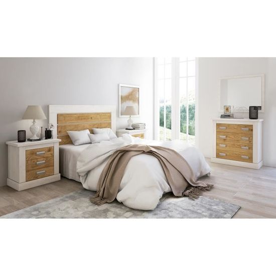 Ensemble Chambre PEGANE - Tête De Lit + 2 Chevets + Commode + Miroir - Chêne Cambrian Et Blanc - Sans Lit