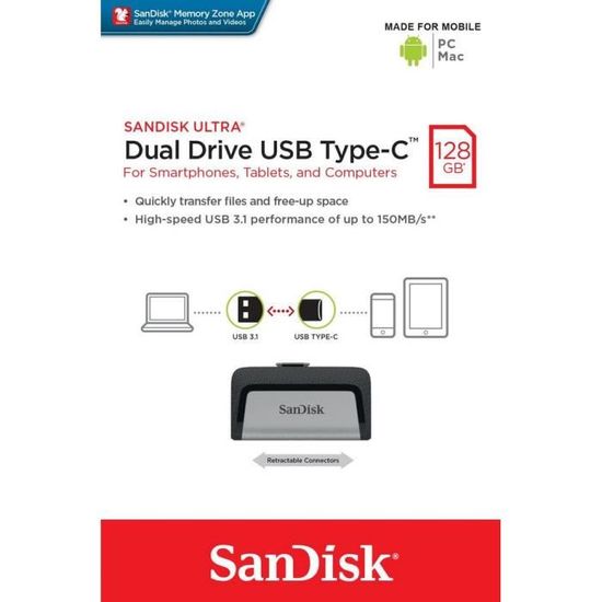Clé USB SANDISK Ultra Dual - 128Go - USB 3.1/USB-C - Gris