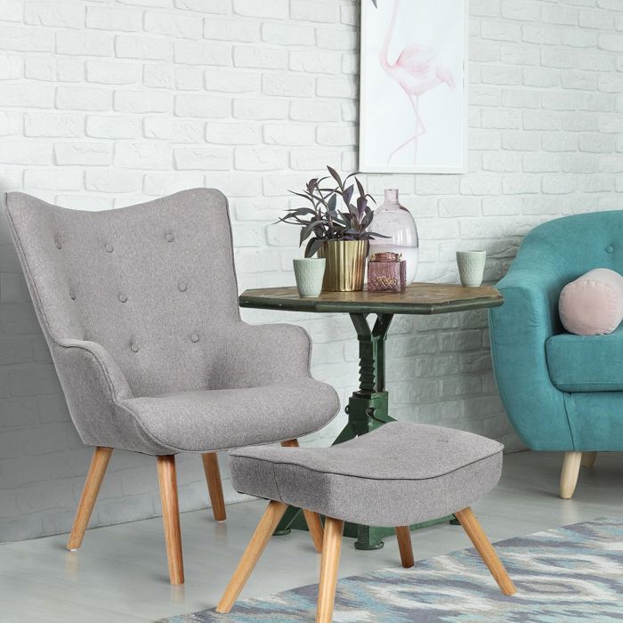 Fauteuil scandinave + pouf Lylou Tissu Gris clair