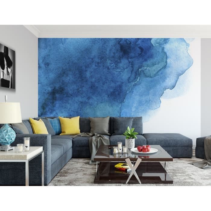 Papier peint finition satiné pré-encollé -Fond abstrait aquarelle bleue- L, 411 x H, 270 cm