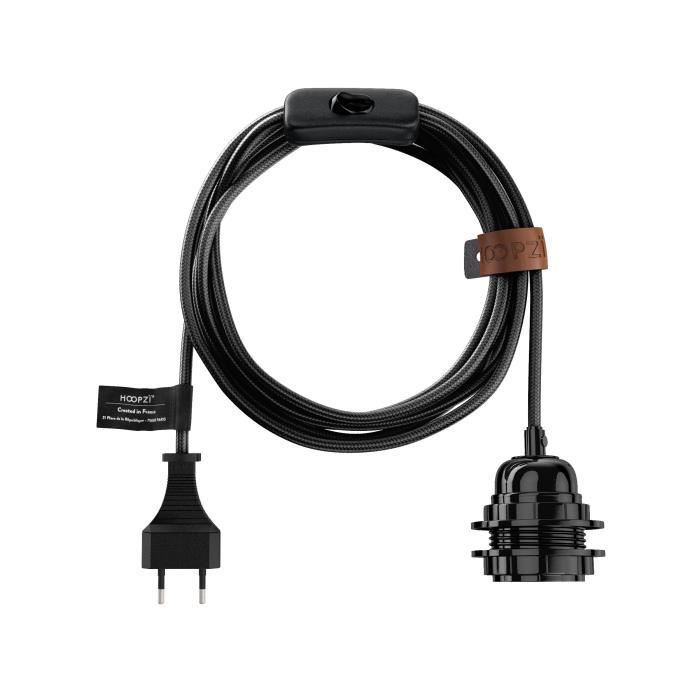 HOOPZI - BALA - Fil électrique tissu 4,5 metres - 38 coloris - Douille E27 avec interrupteur - suspension luminaire - Noir Shine